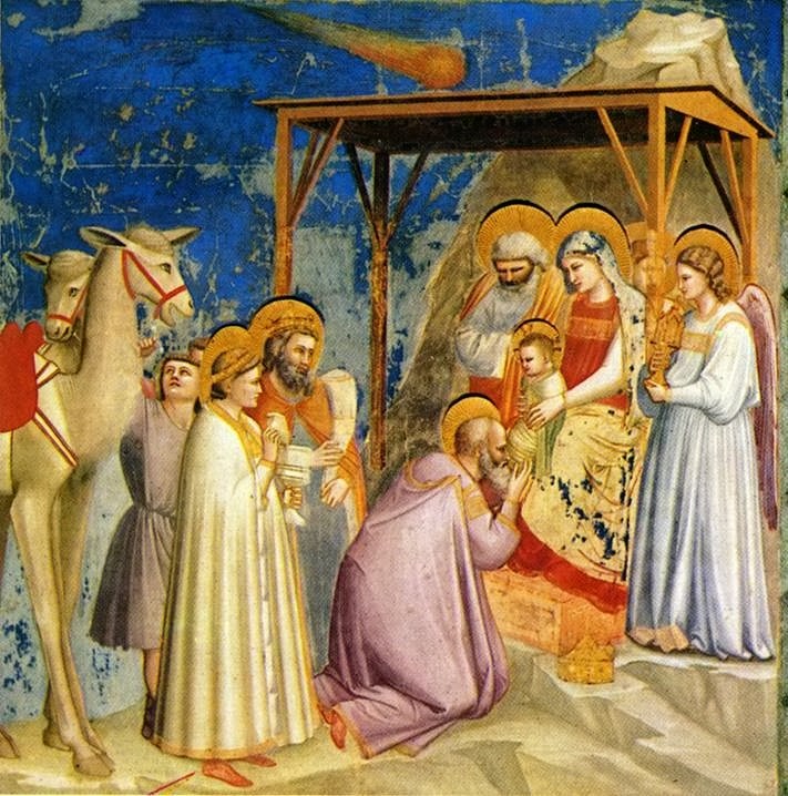 3. Giotto di Bondone: A Mágusok imádata c. képe, a Halley üstökös ihlette üstökösszerű betlehemi csillaggal. Forrás: Wikimedia Commons
